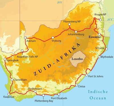 Routekaart Rondreis Zuid-Afrika & Eswatini, 29 dagen Routekaart Rondreis Zuid-Afrika & Eswatini, 29 dagen