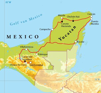 Routekaart Rondreis Mexico, 16 dagen Routekaart Rondreis Mexico, 16 dagen