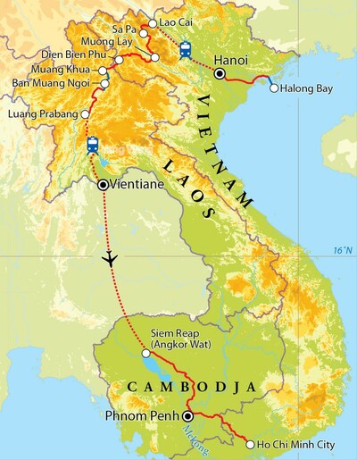 Routekaart Rondreis Vietnam, Laos & Cambodja, 23 dagen Routekaart Rondreis Vietnam, Laos & Cambodja, 23 dagen