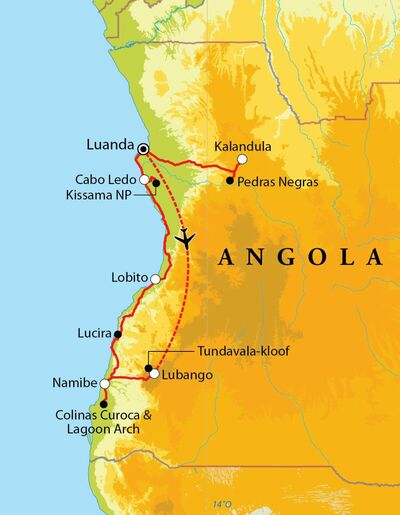 Routekaart Rondreis Angola, 19 dagen Routekaart Rondreis Angola, 19 dagen