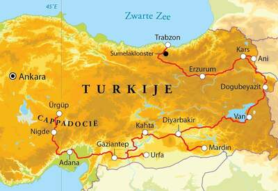 Routekaart Rondreis Turkije-Oost, 20 dagen