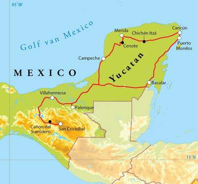 Routekaart Rondreis Mexico, 16 dagen