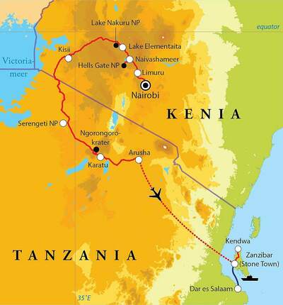 Routekaart Rondreis Kenia, Tanzania & Zanzibar, 21 dagen hotel/lodgereis