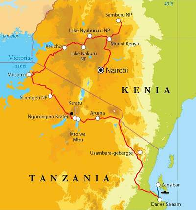 Routekaart Rondreis Kenia, Tanzania & Zanzibar, 21 dagen kampeerreis