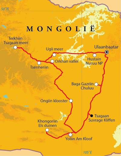 Routekaart Rondreis Mongolië, 16 dagen 